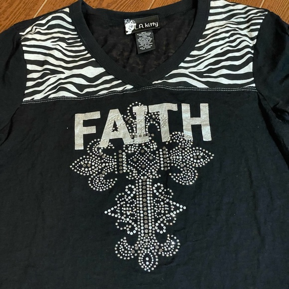 LA Kitty Burn Out Baseball FAITH Tee Size large black white silver bling cotton - Picture 4 of 13
